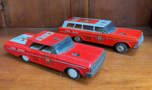 Lot 353 - 2 x 1950s Japanese friction, lithograph printed, tin Fire Chief toy ca