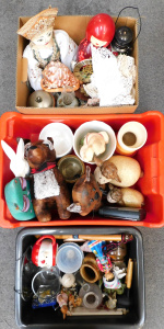 Lot 22 - 3 x Boxes Mixed items inc glass, pottery, novelty ceramic animals, doll