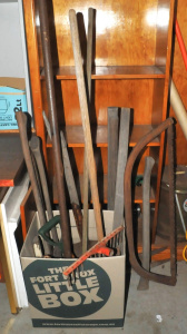 Lot 33 - Box of Vintage Outdoor Tools incl Axes, Pitchfork Heads, Shovel Heads e