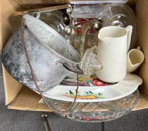 Lot 45 - Box - Pyrex lidded casseroles, jugs, platters, EPNS, Gladstone bag, fr