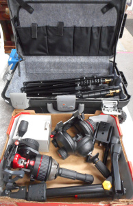 Lot 57 - 2 x boxes - Modern Manfrotto & other brand Tripods, stands, camera
