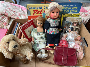 Lot 109 - Box - 1950s dolls, children's & other books, soft toy poodle, chi