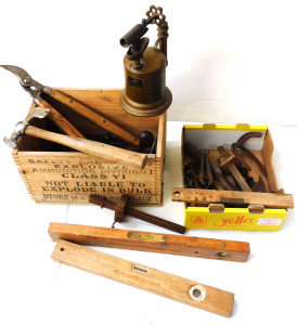 Lot 116 - 2 x boxes vintage tools inc Explosives crate, Japanese Brass Blow Torc