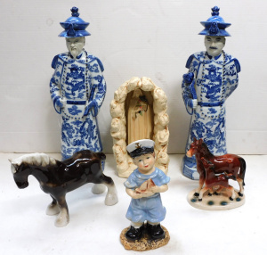 Lot 135 - Group lot of ceramic Figures inc Pair of Blue & White Chinese Eld