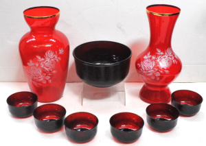 Lot 138 - Group lot of Red Glass inc, 2 x Italian vases with white stippled enam