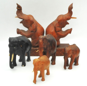 Lot 144 - Group lot of Wooden carved Elephants inc Bookends, Ebony various sizes