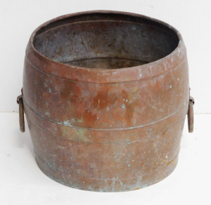 Lot 157 - Vintage Copper Barrel Shaped Jardinire with ring handles 22cm H