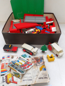 Lot 171 - Box Vintage Lego Pieces, incl Base-plates, Vehicles, trees, paperwork,