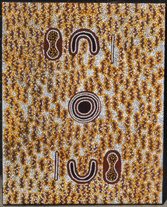 Lot 194 - Geraldine Dixon Stretched Aboriginal Oil Painting on Canvas - Bush Ber