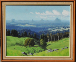 Lot 202 - Kenneth Wenzel (1930 - ) Framed Oil painting - Glasshouse Mountains fr
