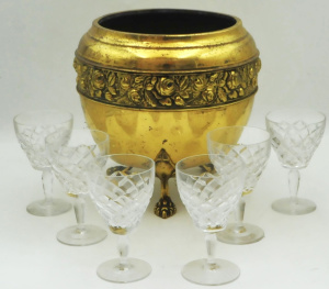 Lot 210 - Vintage Brass Footed Jardiniere & 6 x Cut Crystal Glasses