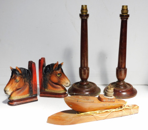 Lot 237 - Group lot - Pair Japanese ceramic Horse Bookends + novelty wooden Boat