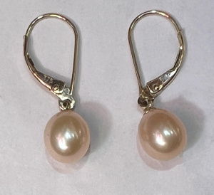 Lot 314 - Pr 9ct ygold earrings with pink drop pearls