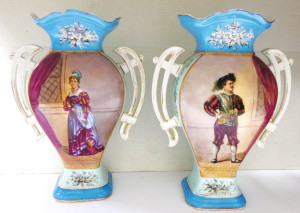 Lot 338 - Pair of Edwardian Mantel Vases featuring twin handles, images to the f