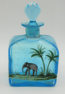 Lot 357 - Vintage HPainted Aqua Glass Cologne Bottle - Rectangular shape with ha