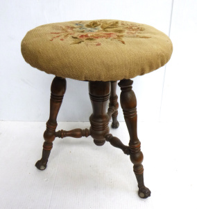 Lot 31 - Circa 1900 Piano stool, Tudor style with floral tapestry upholstery and
