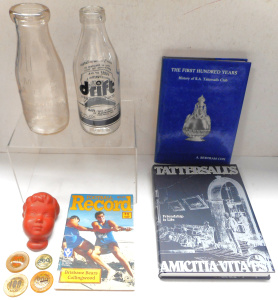 Lot 38 - Small Box lot ncl Unmarked Goebel Wall Hanging, Footy Record, Bottles,
