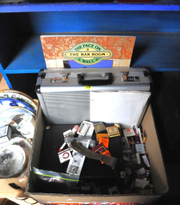 Lot 43 - Box lot - heaps Matchboxes, Modern Record player, Train Handles, briefc