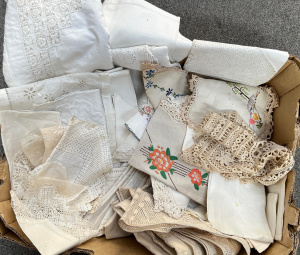 Lot 54 - Box vtg hand worked linen, lace, embroidery, cloths, doyleys, hand towe