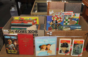 Lot 58 - 2 x Boxes - Vintage Kids Books, toys, ephemera, etc - old Game Boards (