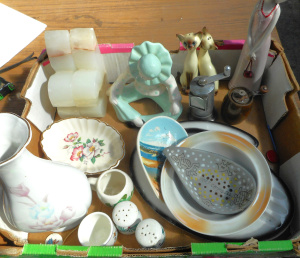 Lot 103 - Mixed box Ceramics, Alabaster Bookends, Mini Coffee Grinders, Souvenir