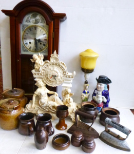 Lot 119 - Group lot of assorted items inc, traditional style wall clock, figural
