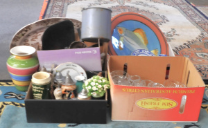 Lot 128 - 3 x Boxes of Assorted Items incl Vintage Kitchen Scales, Assorted Glas