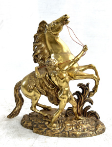 Lot 180 - Large Heavy brass vtg Marly horse and trainer figurine after Coustou
