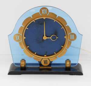 Lot 234 - Art Deco Mantle Clock Blue Glass Face with Brass surround - Electric n