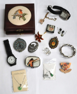 Lot 303 - Box - costume jewellery, brooches, earrings, necklaces, watches, box,