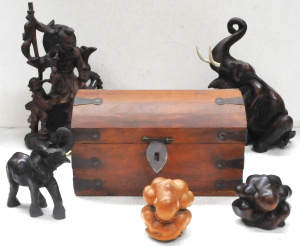 Lot 305 - Group lot of items inc, carved wooden and resin - wooden chest, Asian
