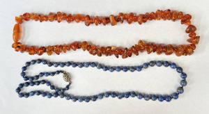 Lot 309 - 2 x vtg necklaces - polished Amber & Lapis with silver clasp