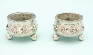 Lot 318 - Pair Hallmarked c1876 London Sterling Silver Salt pots with clear glas