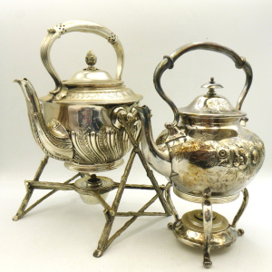Lot 333 - 2 x Victorian Silver Plated Sprit Kettles inc, one with one with ornat