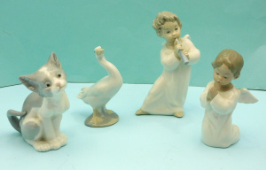 Lot 336 - 4 x Vintage Lladro Figurines inc Cat - Feed Me Model 5113, Angel Prayi