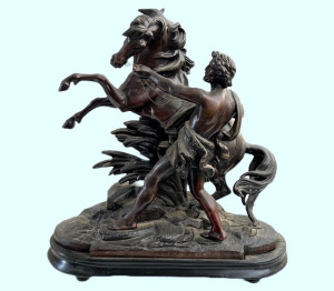 Lot 344 - Large c1900 Marly horse & trainer spelter figurine on wooden plint
