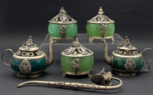 Lot 349 - 6 x pces vtg style Chinese nephrite & ornate silver - 3 x incense
