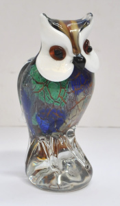 Lot 361 - Heavy Art Glass Owl - clear base with coloured body - ground & pol