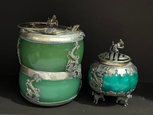 Lot 365 - 2 x pce vtg style Chinese Jade & ornate silver - heavy container w