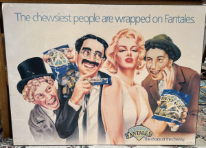Block mounted vintage Fantales advertising poster feat Marilyn, The Stooges &