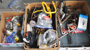 Lot 98 - 3 x Boxes of Assorted Tools & Hardware incl hand Tools , Jars of Sc
