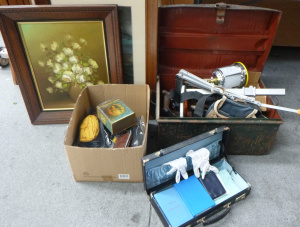 Lot 108 - 2 x Box Lots - items inc, Shoe Lasts, Tin Trunk, Gas Lanterns, Masonic