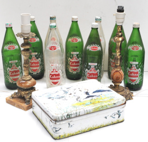 Lot 136 - 2 x Boxes - old Cohns soft drink Bottles, 2 x decorative Brass & O