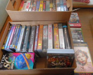 Lot 141 - 2 x Boxes Vintage PC Games, DVDs and Video Tapes - VHS & Beta - in