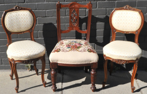 Lot 144 - 3 x vintage Chairs - Pair Medallion Back Victorian Chairs w Brocade Up