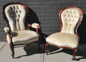 Lot 155 - Pair Victorian Carved Cedar Gents & Ladies Chairs - Mushroom velve