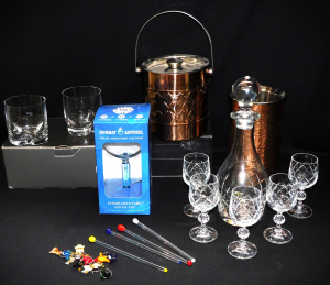 Lot 181 - Group lot of Bar Items inc Diamond cut Crystal decanter w 5 glasses, H