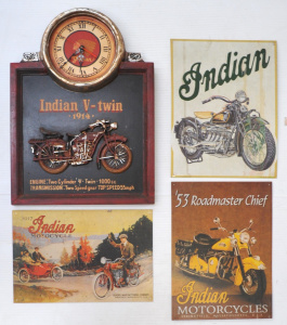 Lot 185 - Group Vintage Style Reproduction Embossed Tin Indian Motorcycles Signs