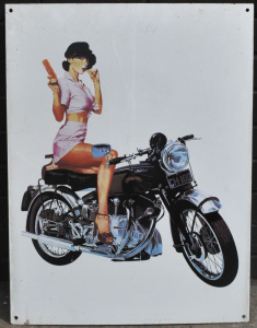 Lot 216 - Large heavy Enamel Sign featuring Chiko Roll Girl sitting on Her Vince