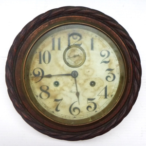Lot 230 - Vintage Ansonia Wall Mountable Clock - Carved Oak Trim, Lovely Patina